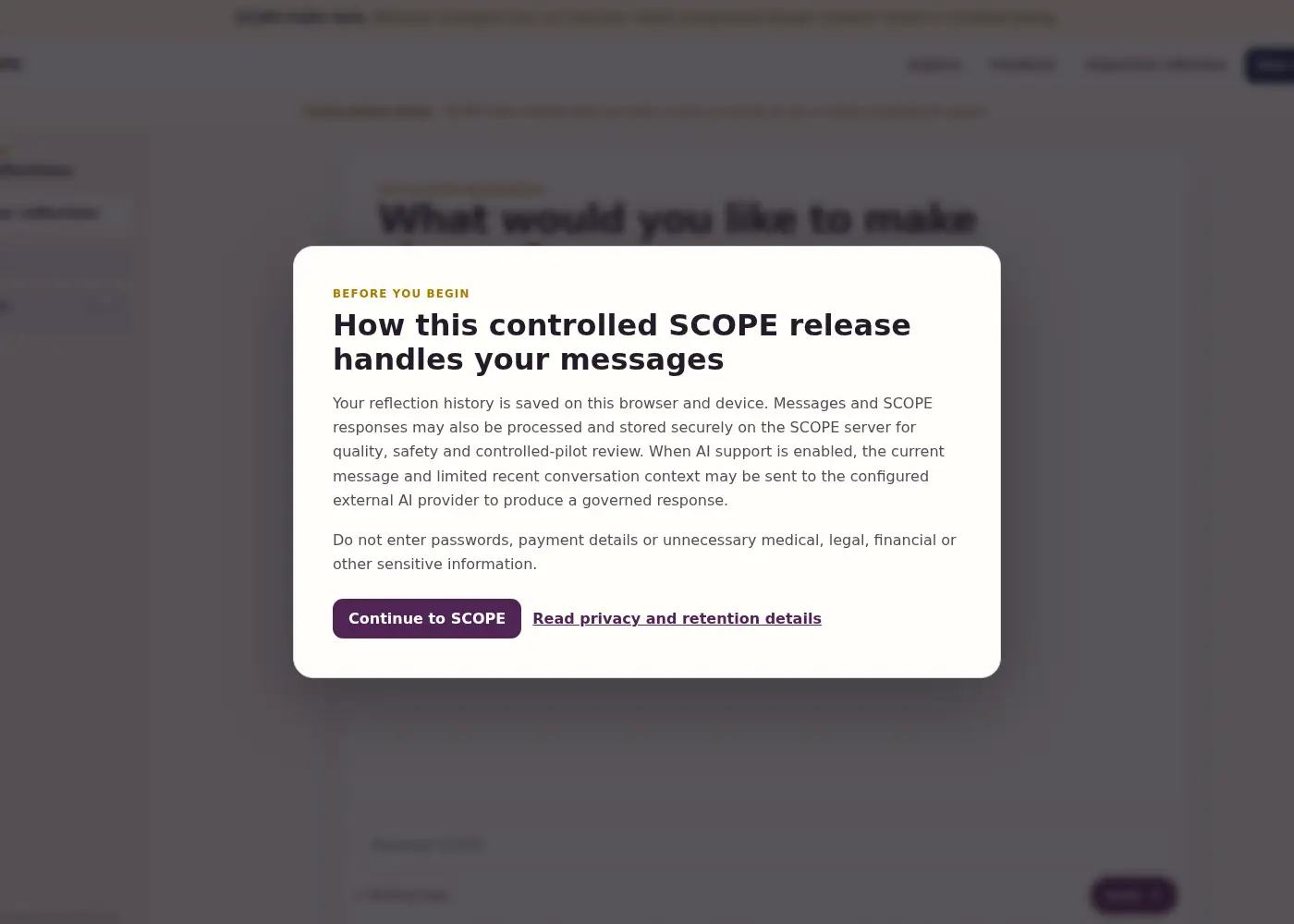 Screenshot of the SCOPE reflective workspace interface